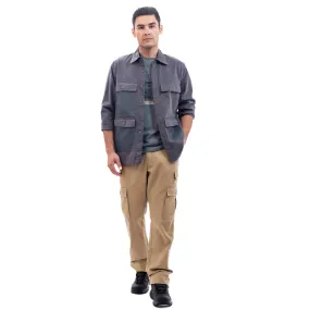 camel active Men Long Sleeve Shacket in Regular Fit with multiple pockets in Grey Cotton Twill 600-SS24H0257