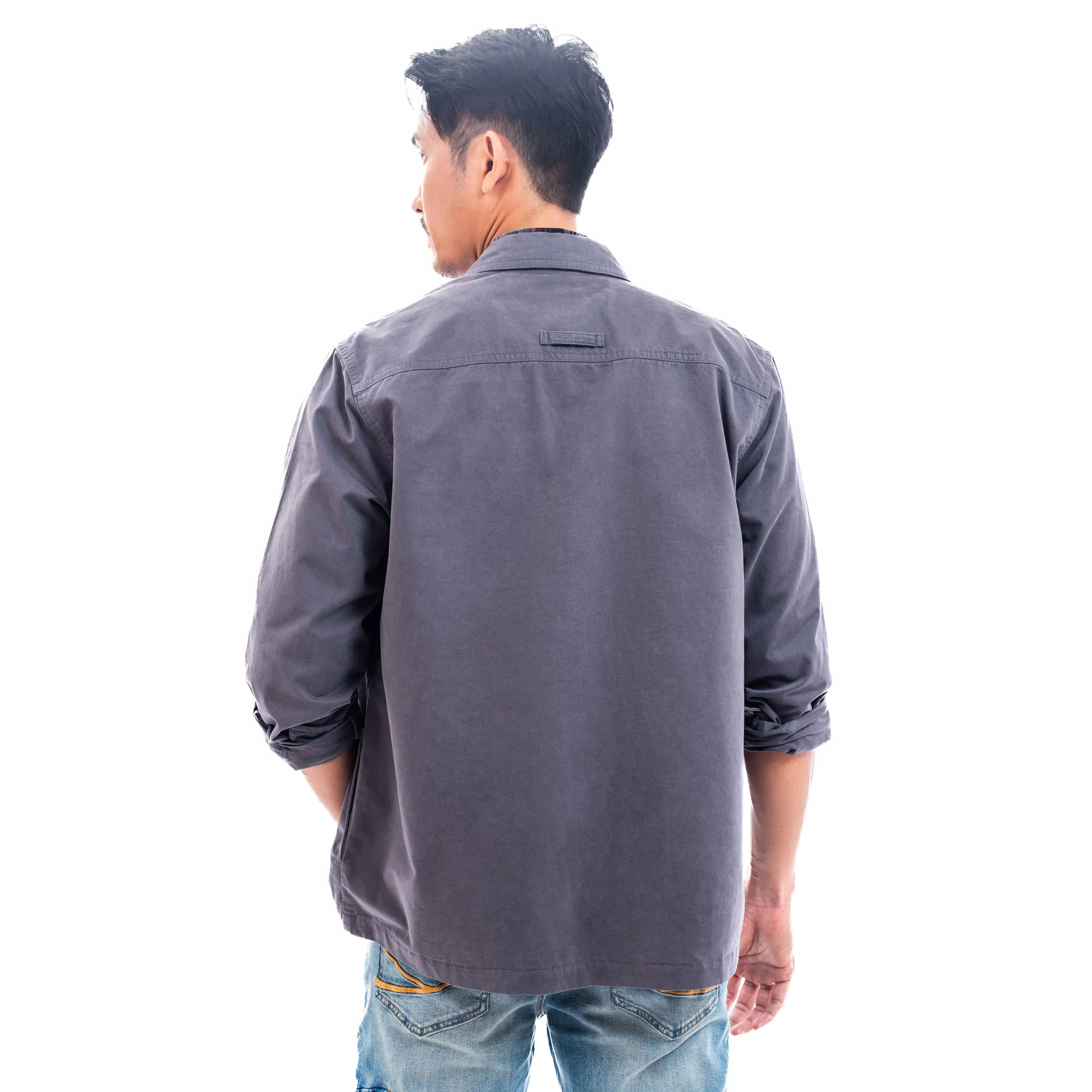 camel active Men Long Sleeve Shacket in Regular Fit with multiple pockets in Grey Cotton Twill 600-SS24H0257