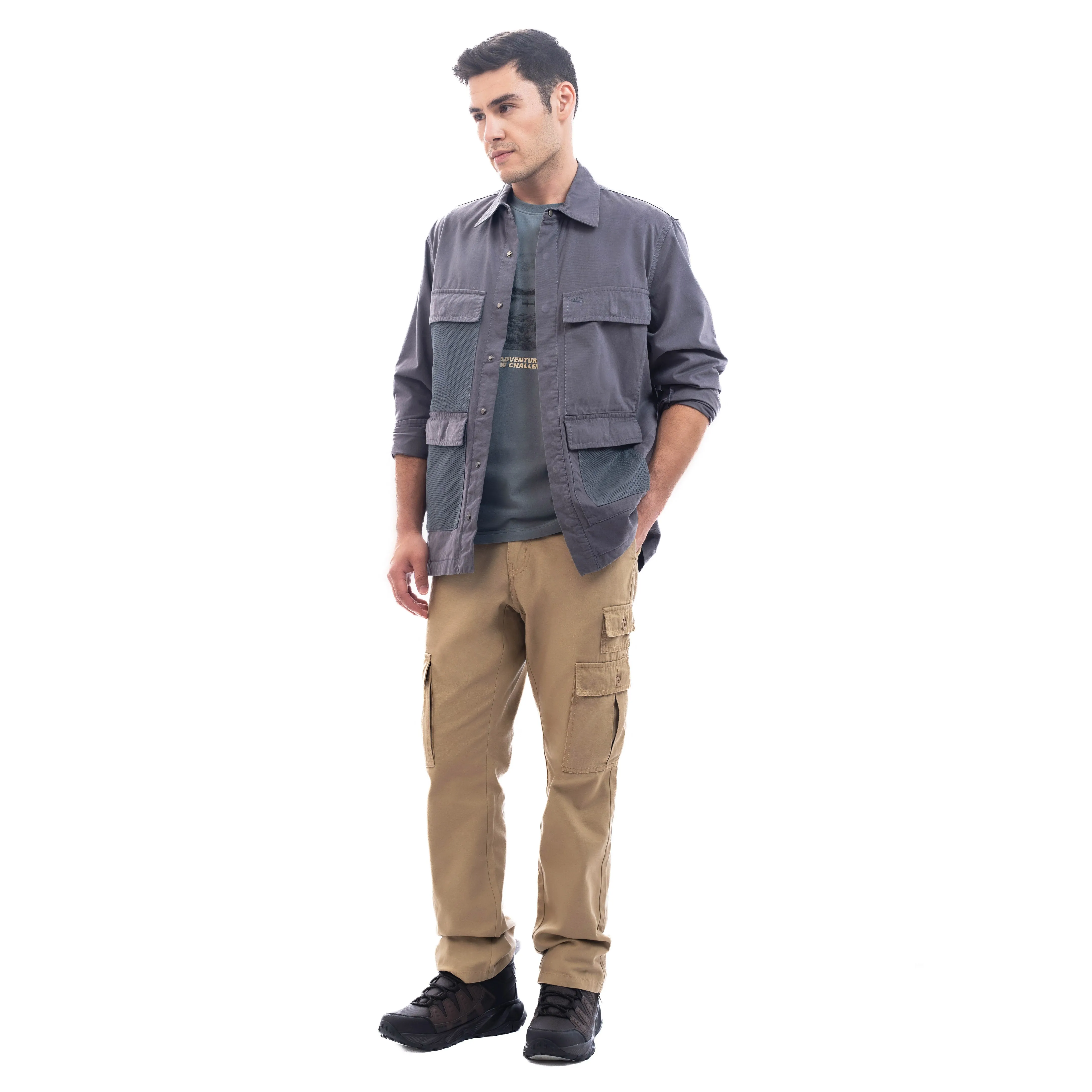 camel active Men Long Sleeve Shacket in Regular Fit with multiple pockets in Grey Cotton Twill 600-SS24H0257