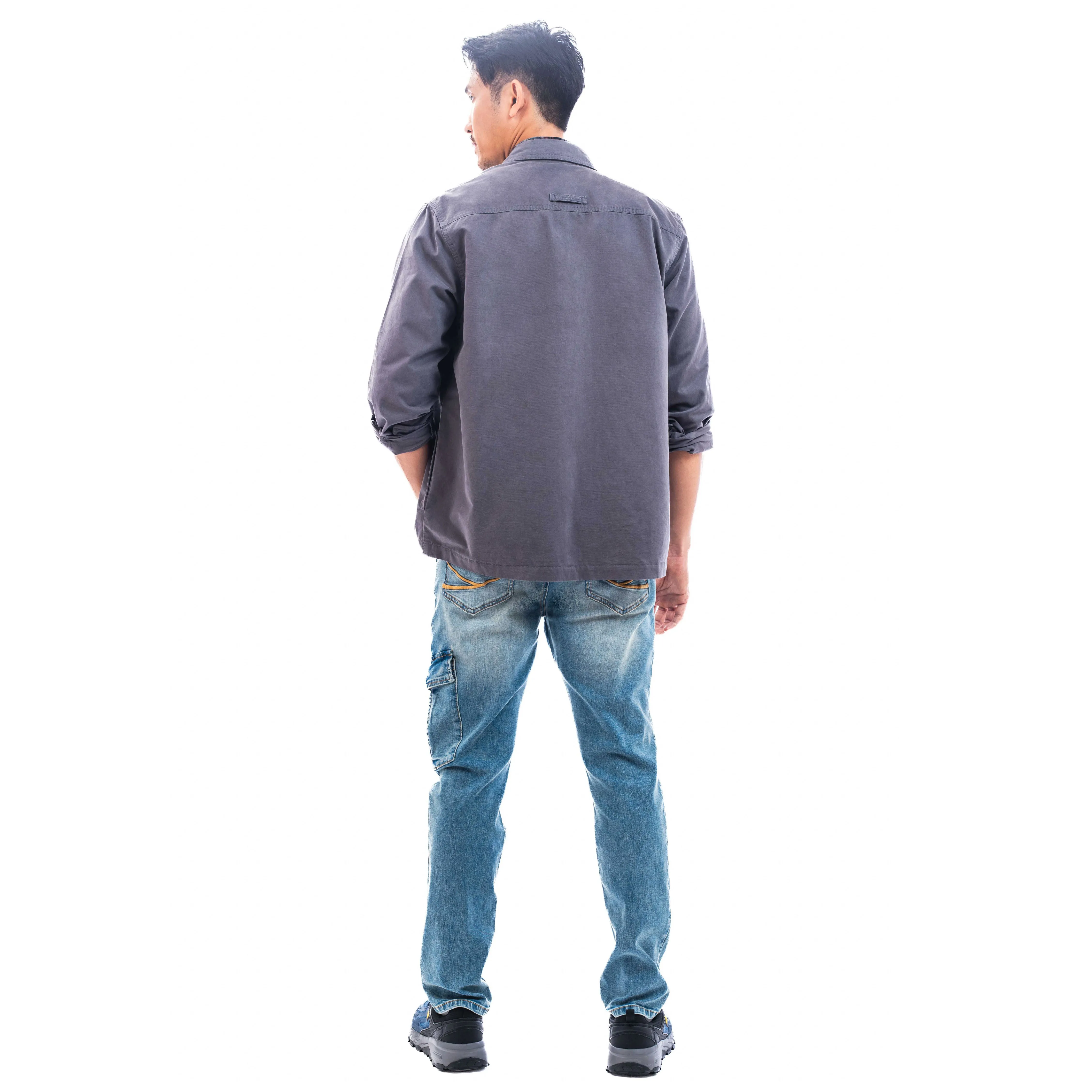 camel active Men Long Sleeve Shacket in Regular Fit with multiple pockets in Grey Cotton Twill 600-SS24H0257