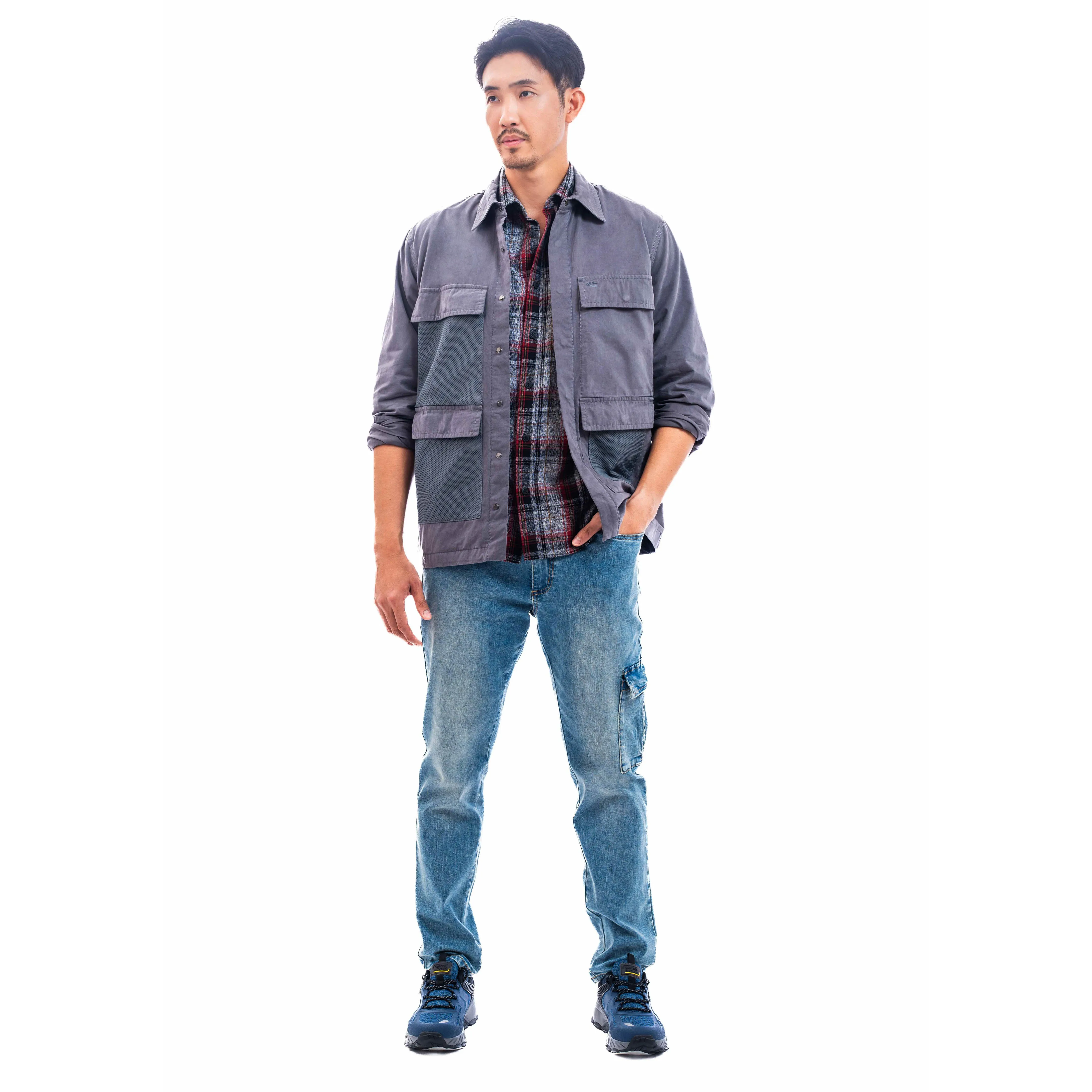 camel active Men Long Sleeve Shacket in Regular Fit with multiple pockets in Grey Cotton Twill 600-SS24H0257