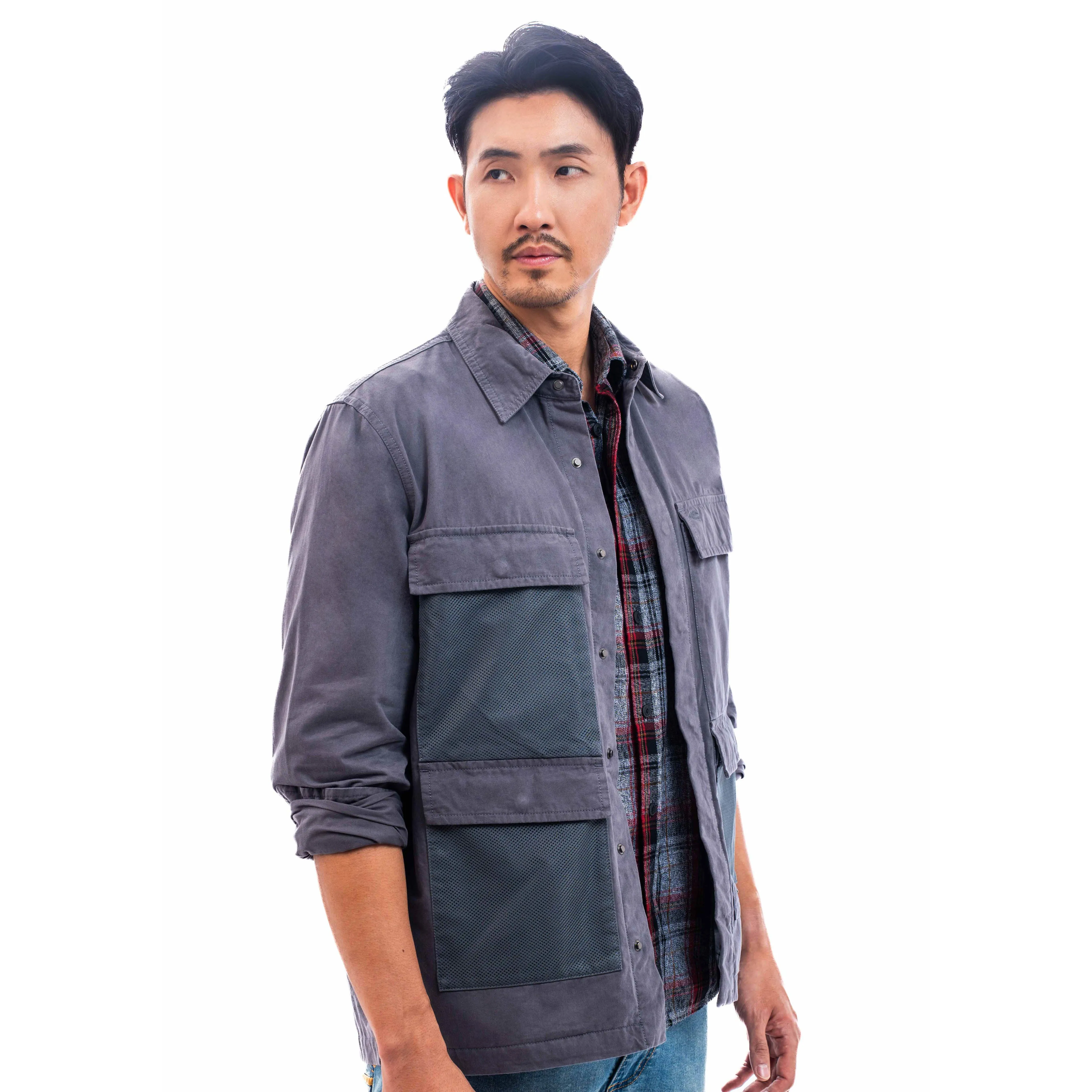camel active Men Long Sleeve Shacket in Regular Fit with multiple pockets in Grey Cotton Twill 600-SS24H0257